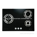 Gas Hob with 3 Burners and Tempered Black Glass Panel/1.5V Battery Pulse Ignition, Enamel Water Tray